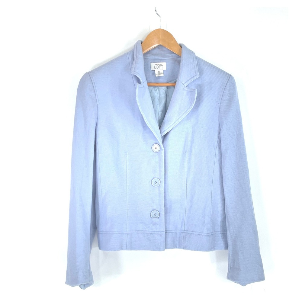 Ann Taylor LOFT Womens Blazer 10 Periwinkle Blue Wool 3 Button Cropped Jacket